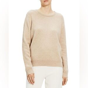 Theory Blanket Stitch Cashmere Crewneck Sweater in Tan Size Large
